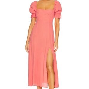 WeWoreWhat Puff Sleeve Midi Dress Coral Orange Pink
